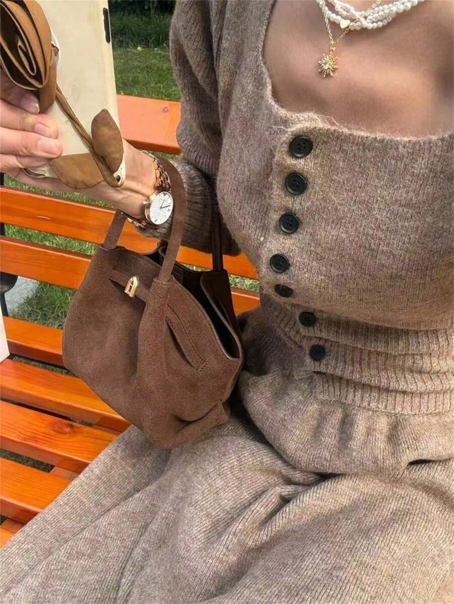 SHEIN حقيبة دلو من الجلد المدبوغ بتصميم راقي للنساء
