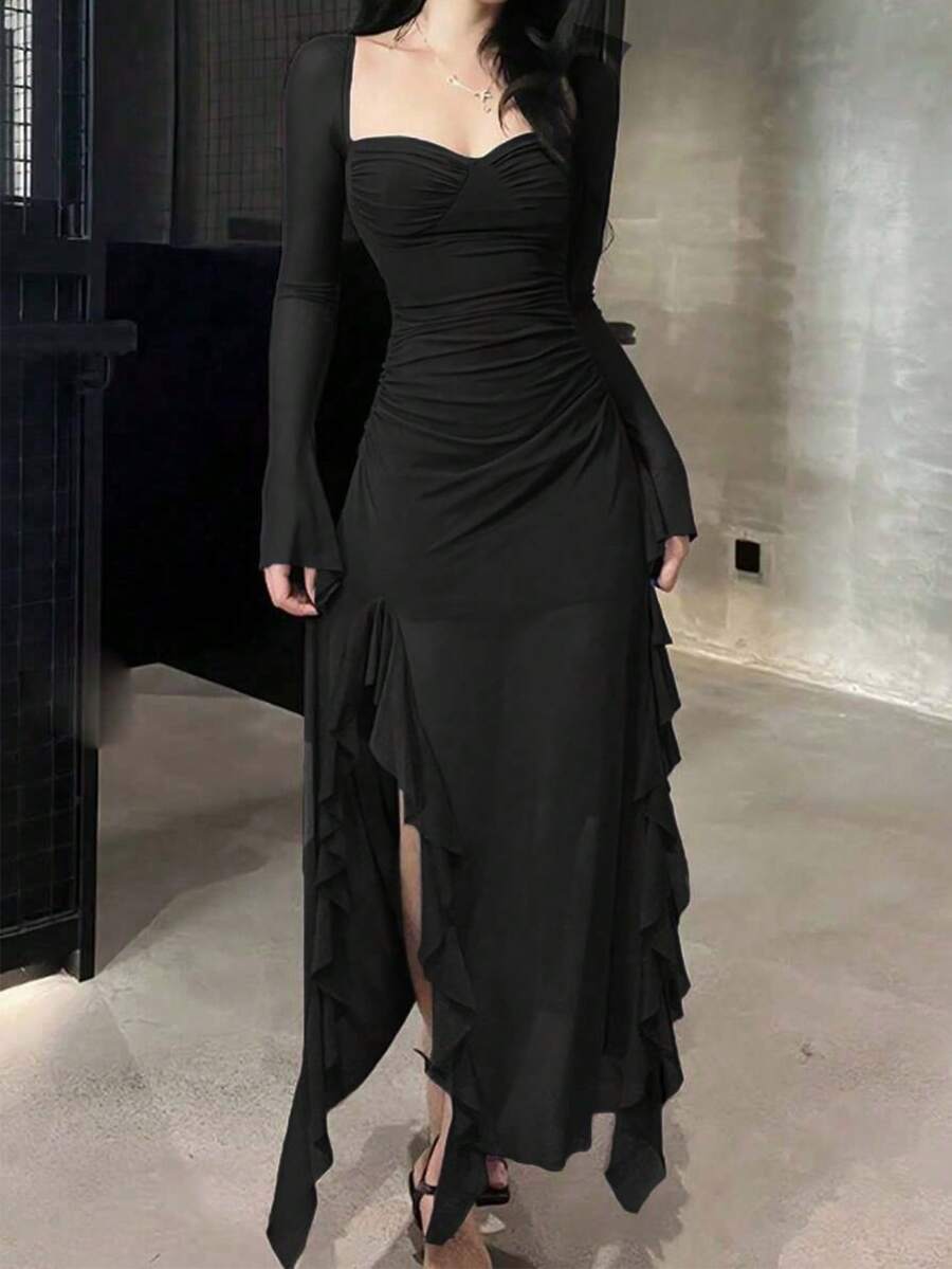 SHEIN فستان أسود كاجوال بأكمام طويلة وذيل مكشكش من الشبك