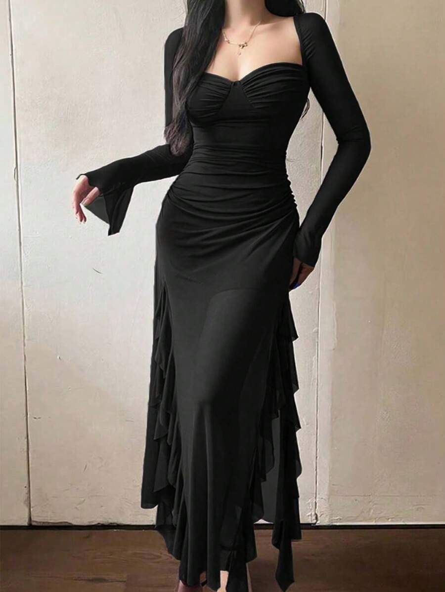 SHEIN فستان أسود كاجوال بأكمام طويلة وذيل مكشكش من الشبك