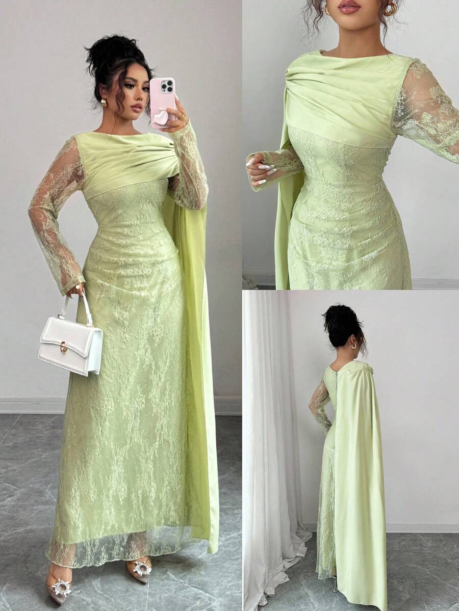 SHEIN Elenzga فستان اخضر ثلاثي الأبعاد كم طويل بدون كتف