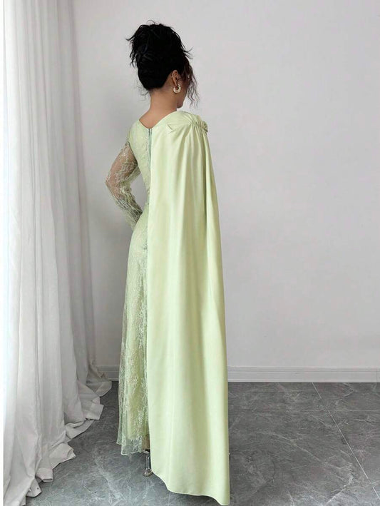 SHEIN Elenzga فستان اخضر ثلاثي الأبعاد كم طويل بدون كتف