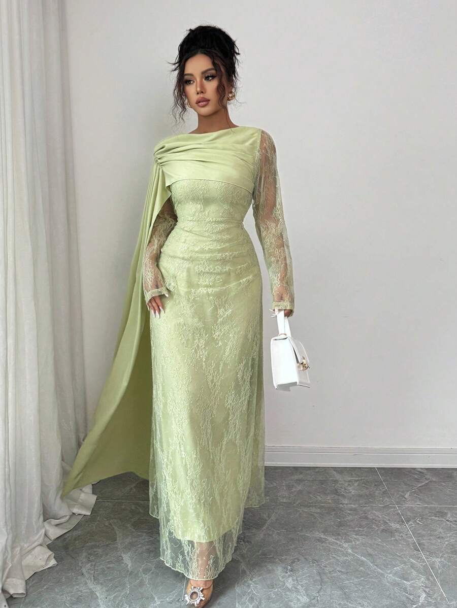 SHEIN Elenzga فستان اخضر ثلاثي الأبعاد كم طويل بدون كتف