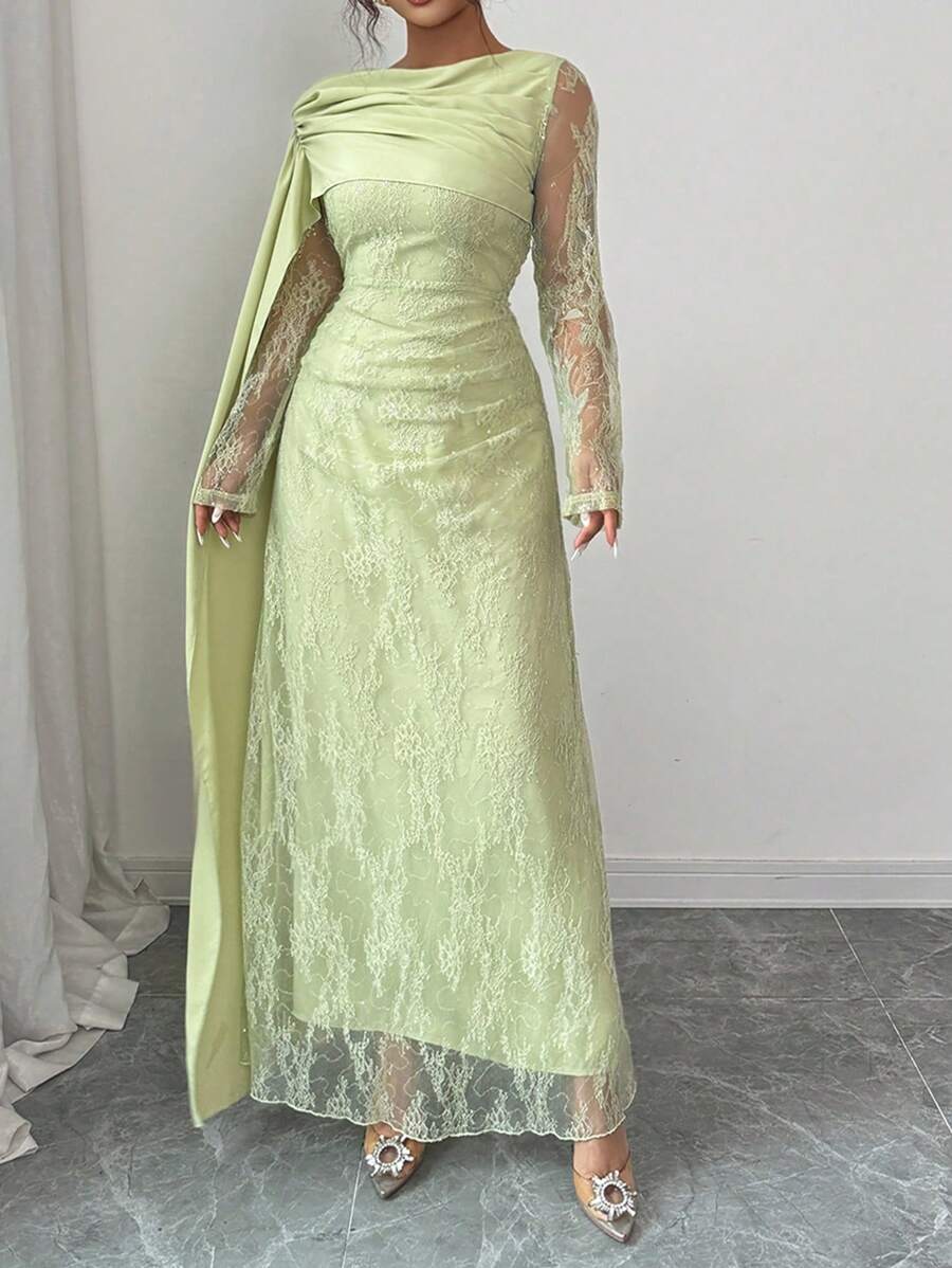 SHEIN Elenzga فستان اخضر ثلاثي الأبعاد كم طويل بدون كتف