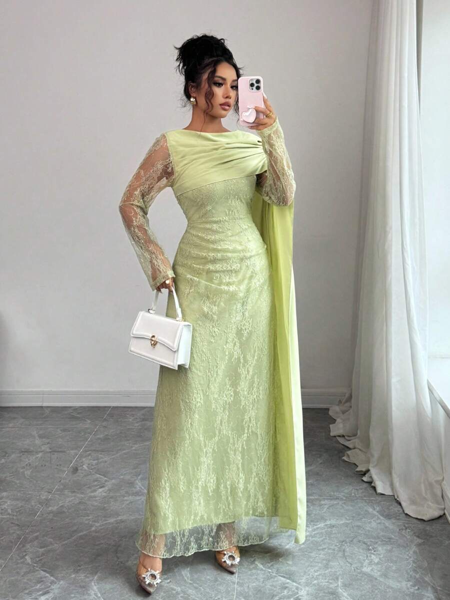 SHEIN Elenzga فستان اخضر ثلاثي الأبعاد كم طويل بدون كتف