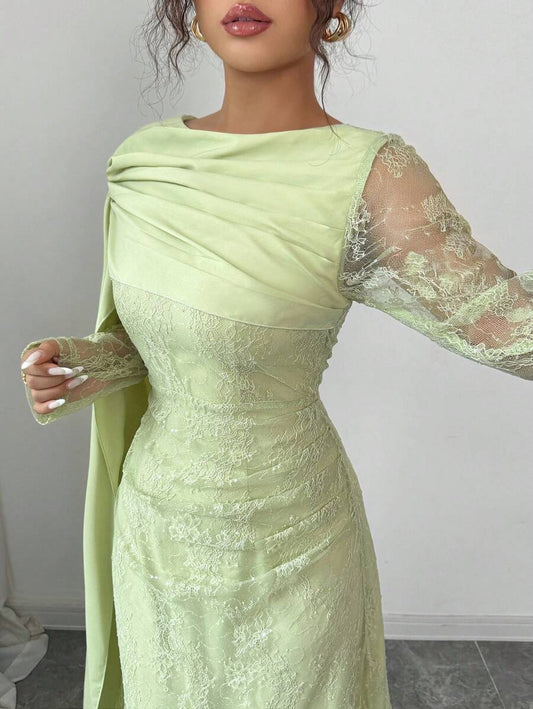 SHEIN Elenzga فستان اخضر ثلاثي الأبعاد كم طويل بدون كتف