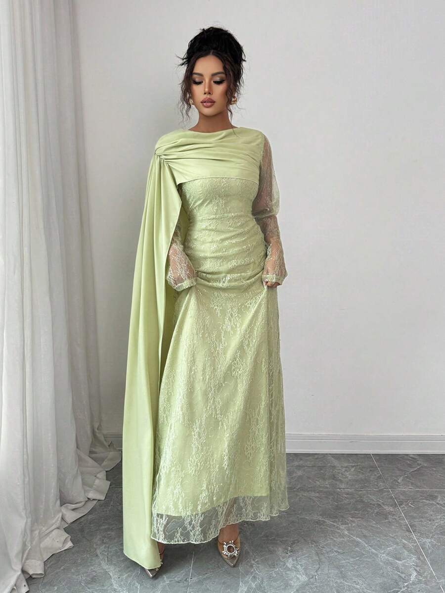 SHEIN Elenzga فستان اخضر ثلاثي الأبعاد كم طويل بدون كتف