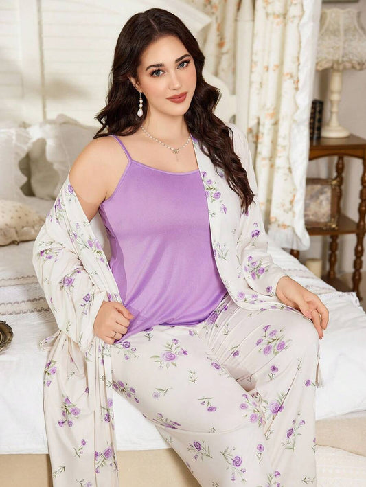 SHEIN CottageSlumber طقم ثلاثي كامي مزهر وبنطلون وروب