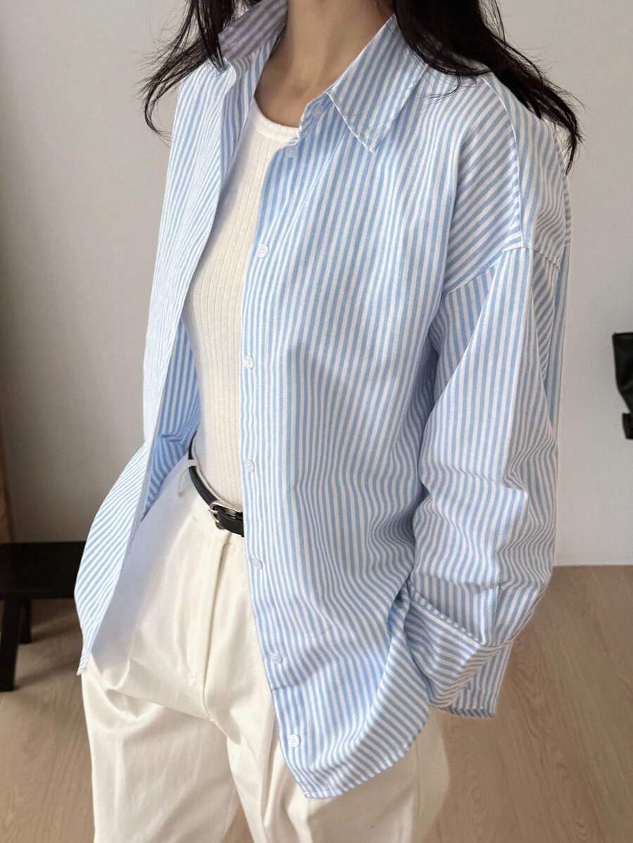 SHEIN DAZY قميص نسائي مخطط طويل الأكمام بتصميم بسيط وأنيق