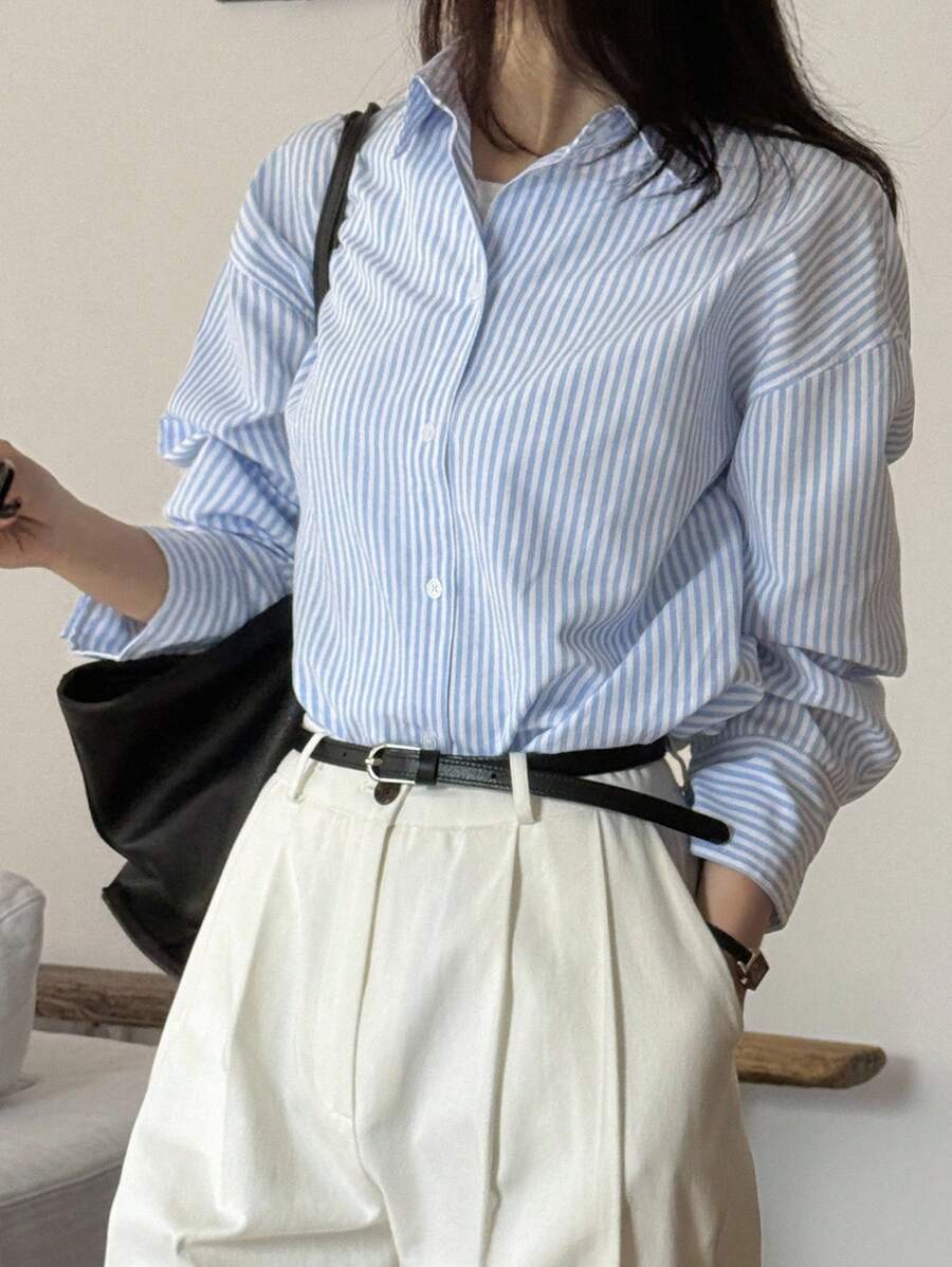 SHEIN DAZY قميص نسائي مخطط طويل الأكمام بتصميم بسيط وأنيق