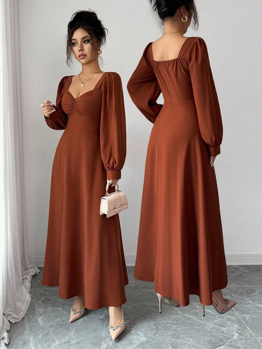 SHEIN Elenzga فستان ماكسي بني بياقة مربعة وأكمام منتفخة