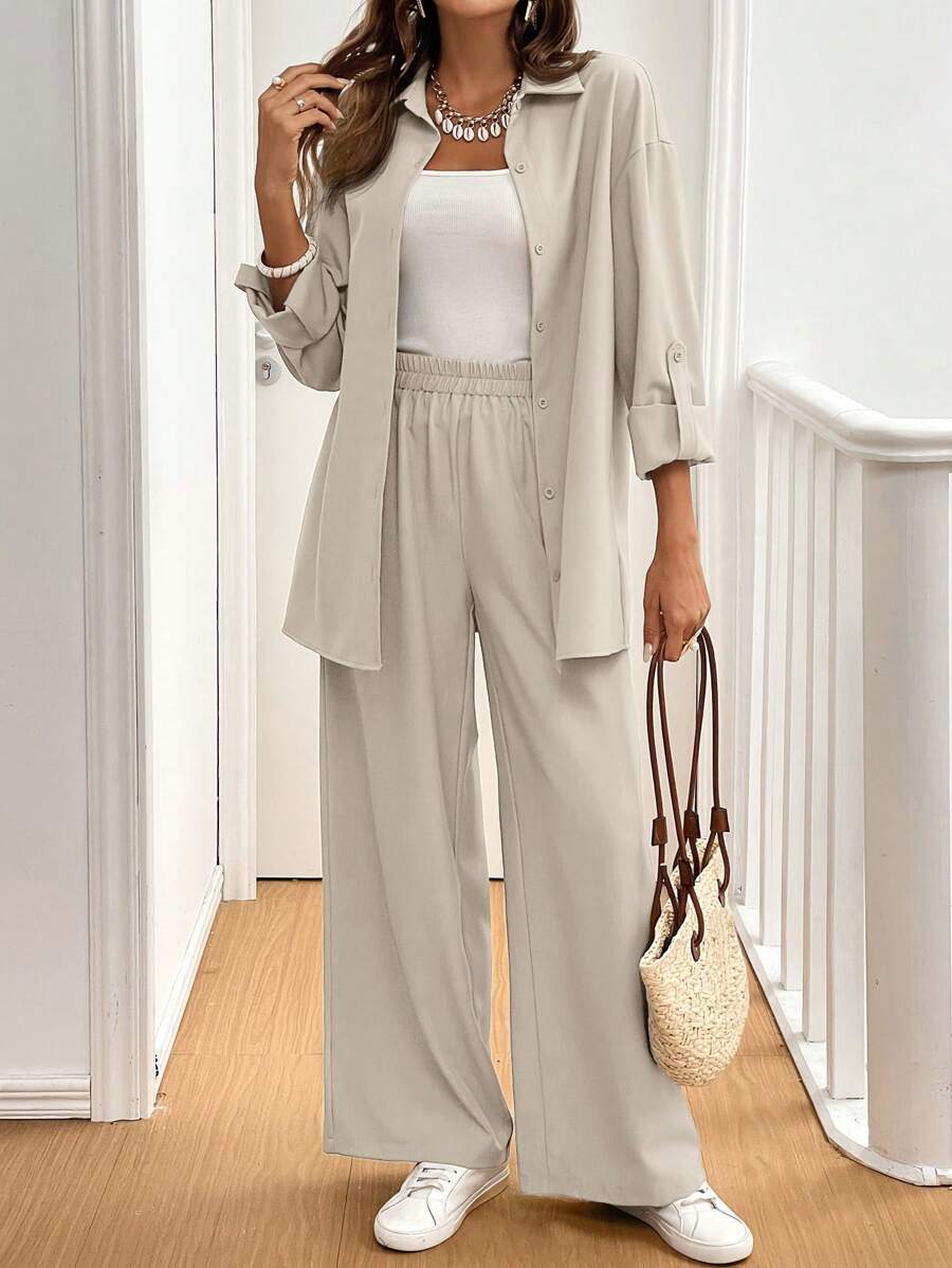 SHEIN Frenchy طقم قطعتين قميص وبنطال سادة
