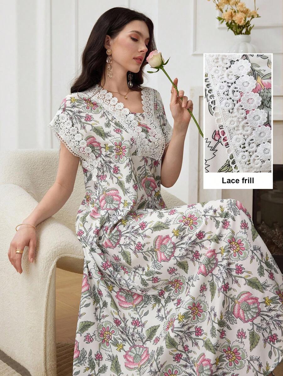 SHEIN Lacomfia فستان قصير الأكمام مزين بطبعات زهرية وشريط شبكي