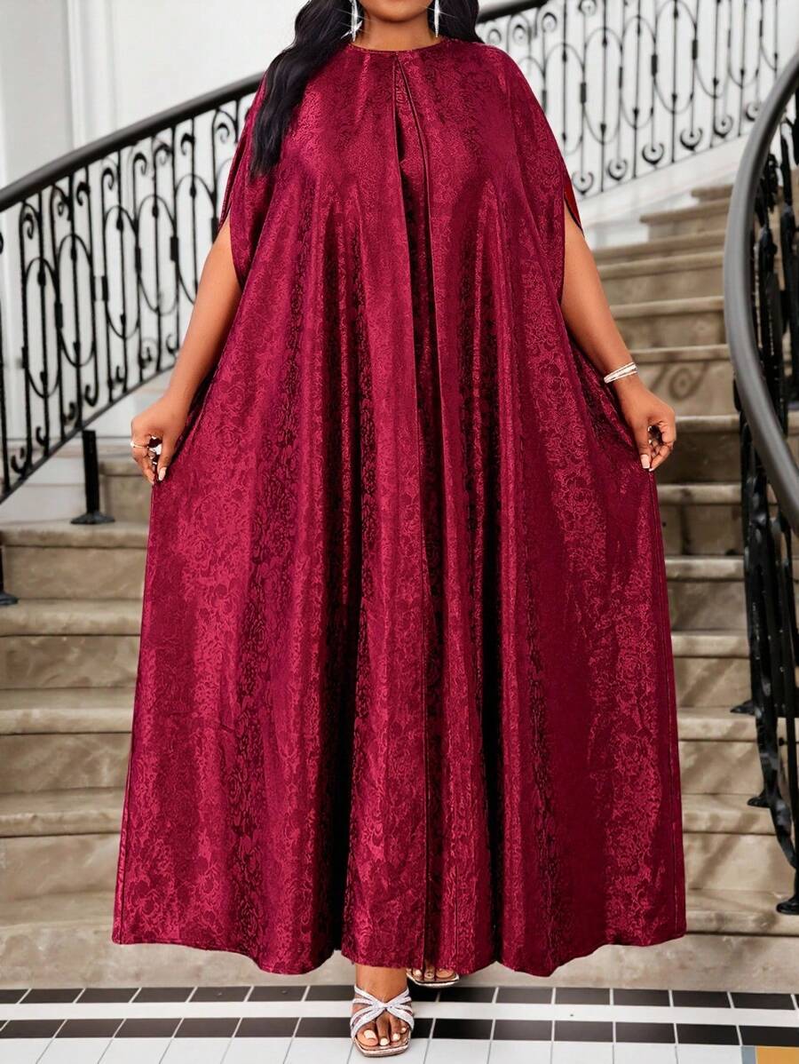 SHEIN Fleurora فستان عنابي طويل بتصميم كشكش بياقة مستديرة للمقاسات كبيرة