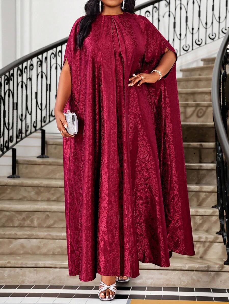 SHEIN Fleurora فستان عنابي طويل بتصميم كشكش بياقة مستديرة للمقاسات كبيرة