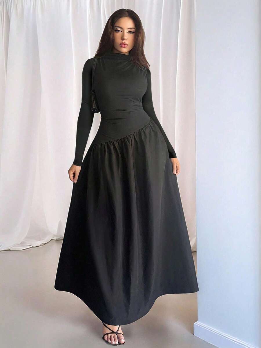 SHEIN Firerie فستان ماكسي أسود مخطط بياقة عالية وأكمام طويلة