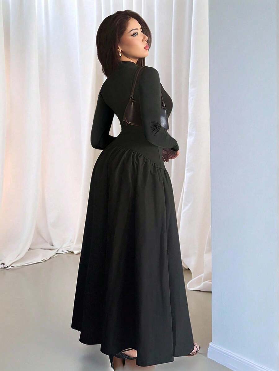 SHEIN Firerie فستان ماكسي أسود مخطط بياقة عالية وأكمام طويلة