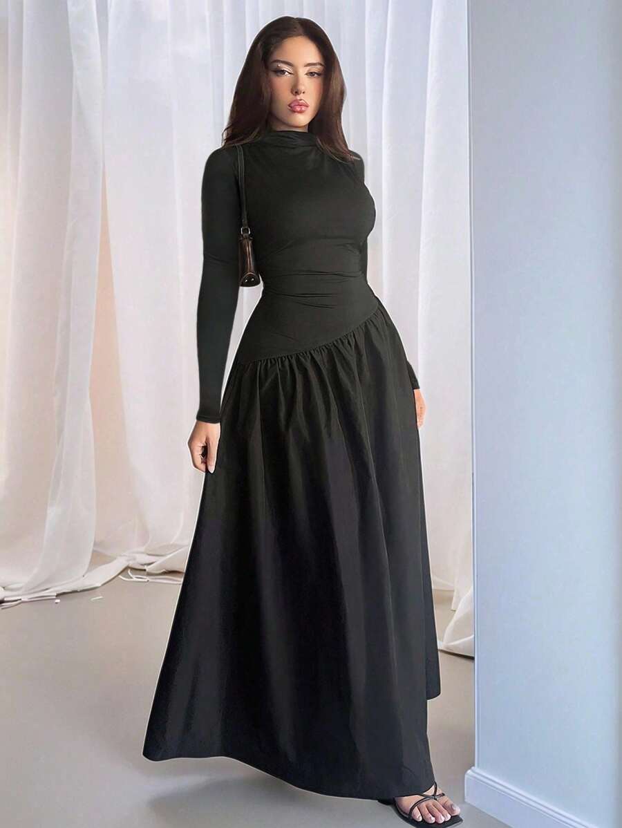 SHEIN Firerie فستان ماكسي أسود مخطط بياقة عالية وأكمام طويلة