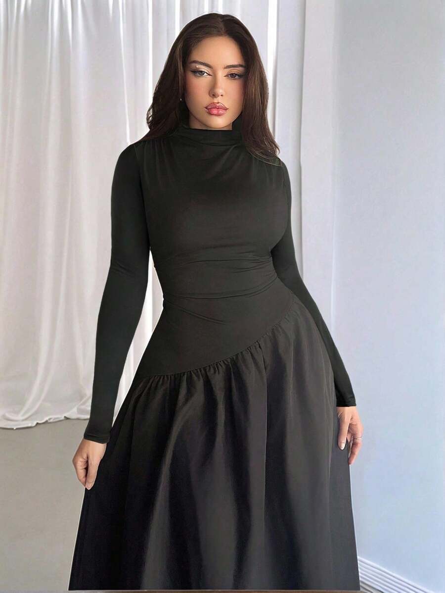 SHEIN Firerie فستان ماكسي أسود مخطط بياقة عالية وأكمام طويلة