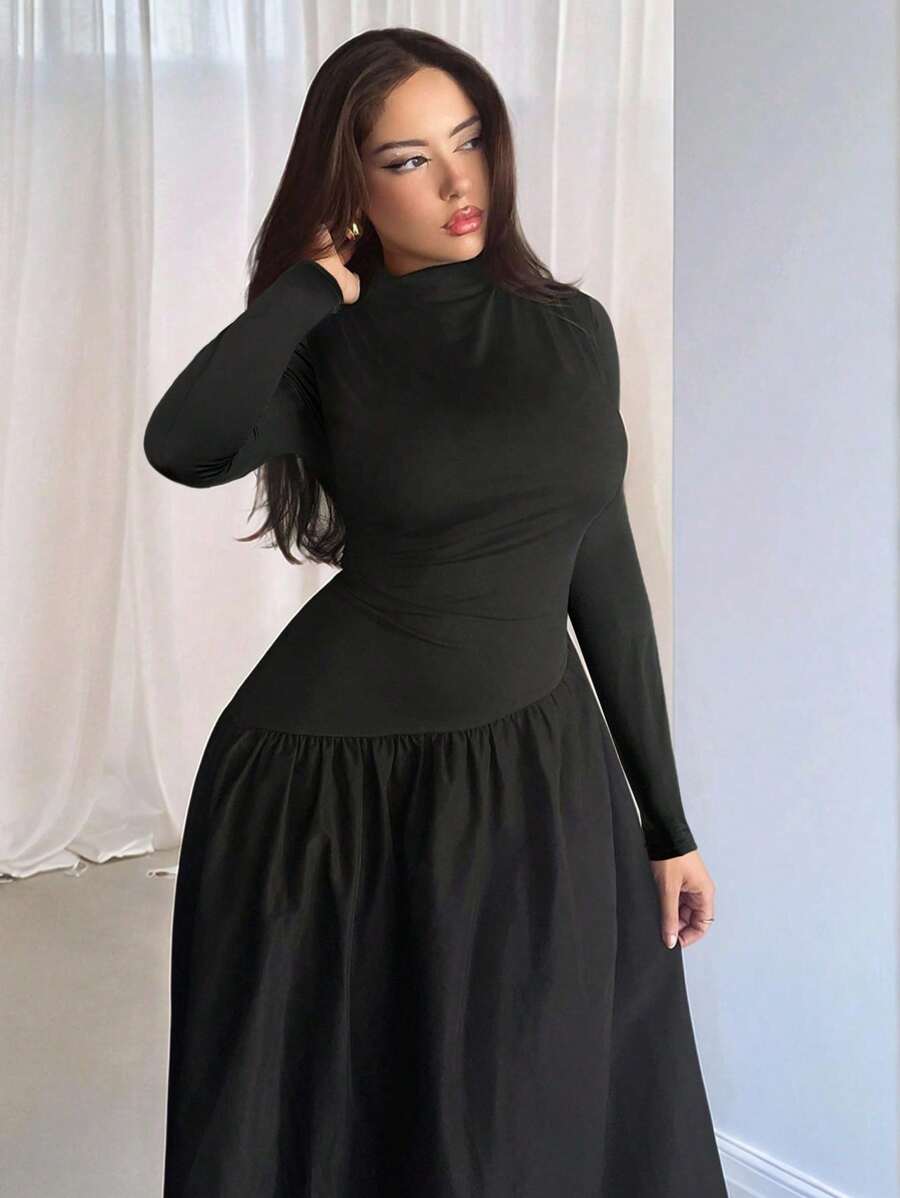 SHEIN Firerie فستان ماكسي أسود مخطط بياقة عالية وأكمام طويلة