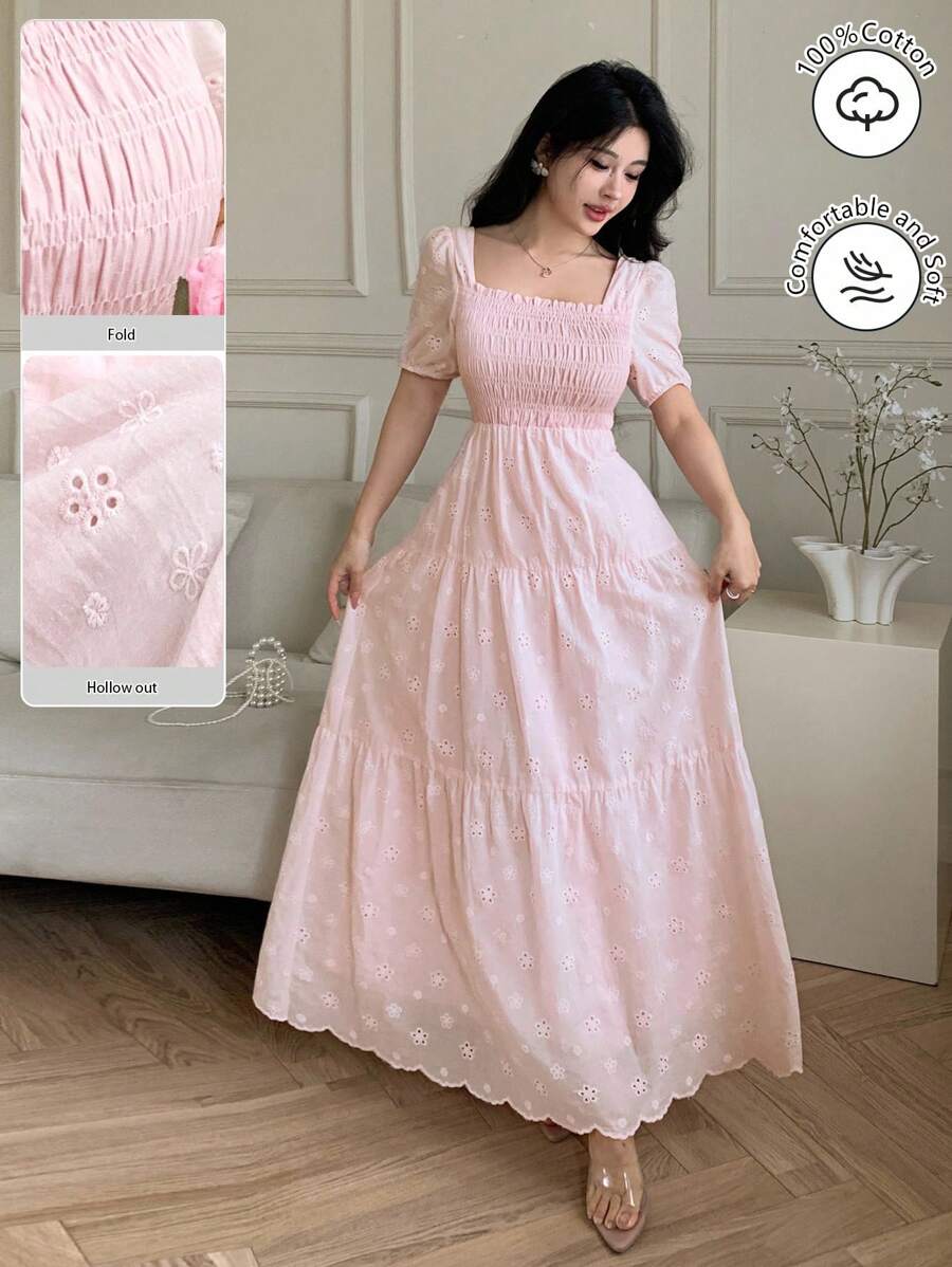SHEIN Modelyn فستان وردي مطرز بأكمام منفوخة وفتحات وياقة مربعة