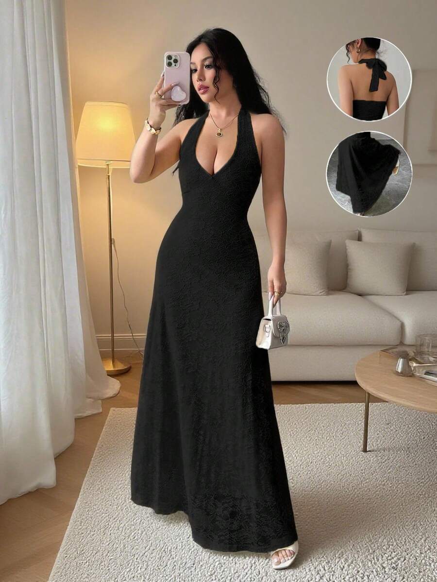 SHEIN Rafferiza فستان دانتيل أسود طويل بياقة عميقة بدون أكمام