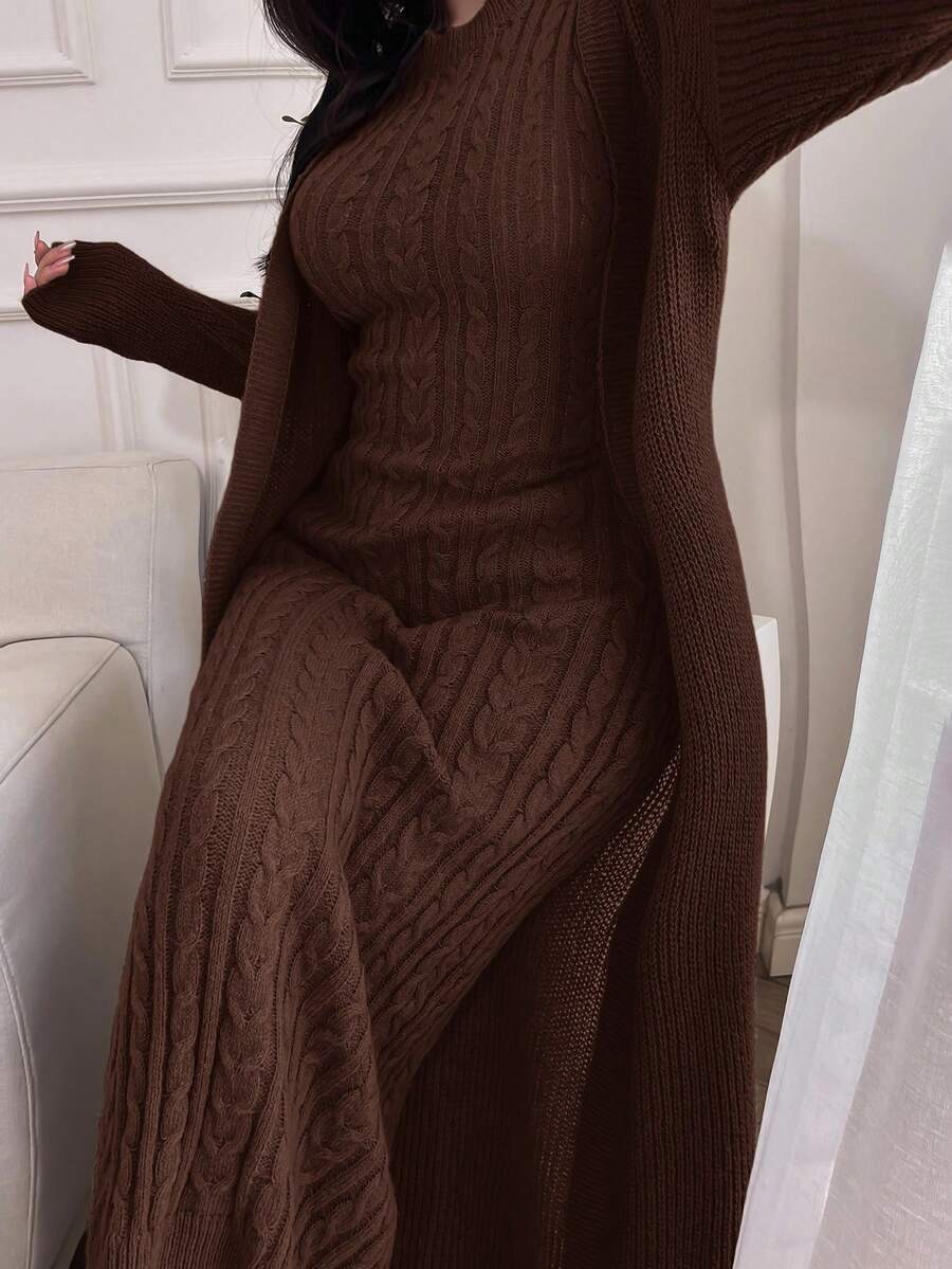 SHEIN Feyla مجموعة فستان وكارديجان بني بأكمام طويلة