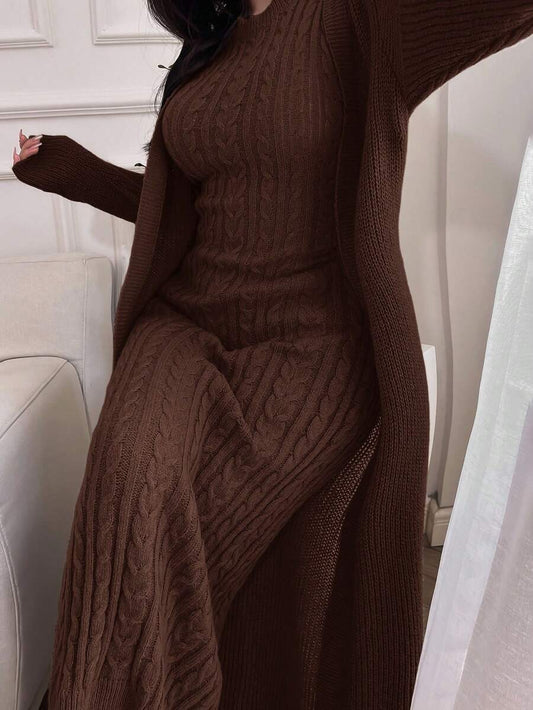 SHEIN Feyla مجموعة فستان وكارديجان بني بأكمام طويلة