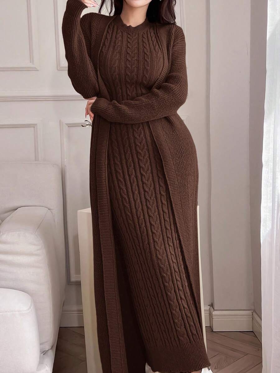 SHEIN Feyla مجموعة فستان وكارديجان بني بأكمام طويلة