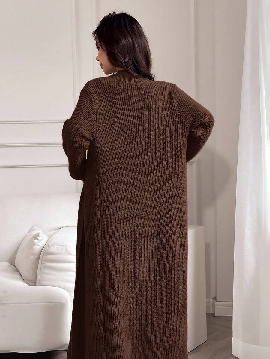 SHEIN Feyla مجموعة فستان وكارديجان بني بأكمام طويلة