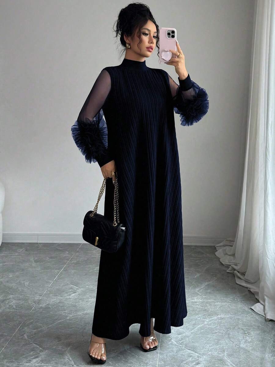 SHEIN Modelyn فستان بلون أزرق بحري مخملي بياقة عالية وأكمام فانوس