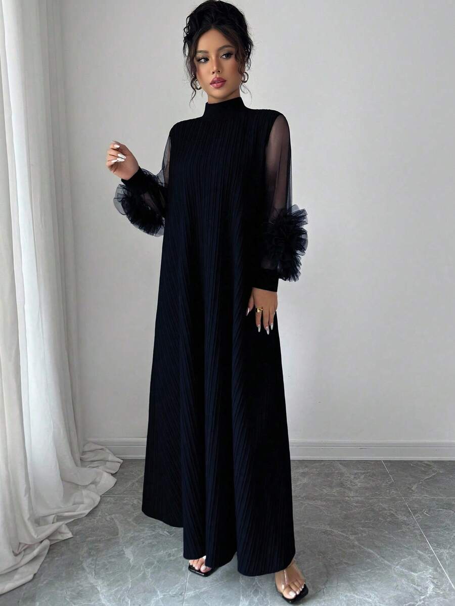 SHEIN Modelyn فستان بلون أزرق بحري مخملي بياقة عالية وأكمام فانوس