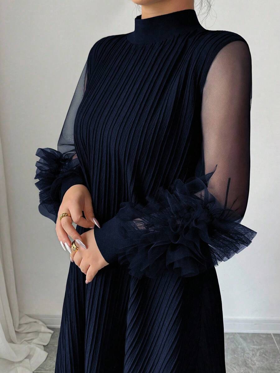 SHEIN Modelyn فستان بلون أزرق بحري مخملي بياقة عالية وأكمام فانوس