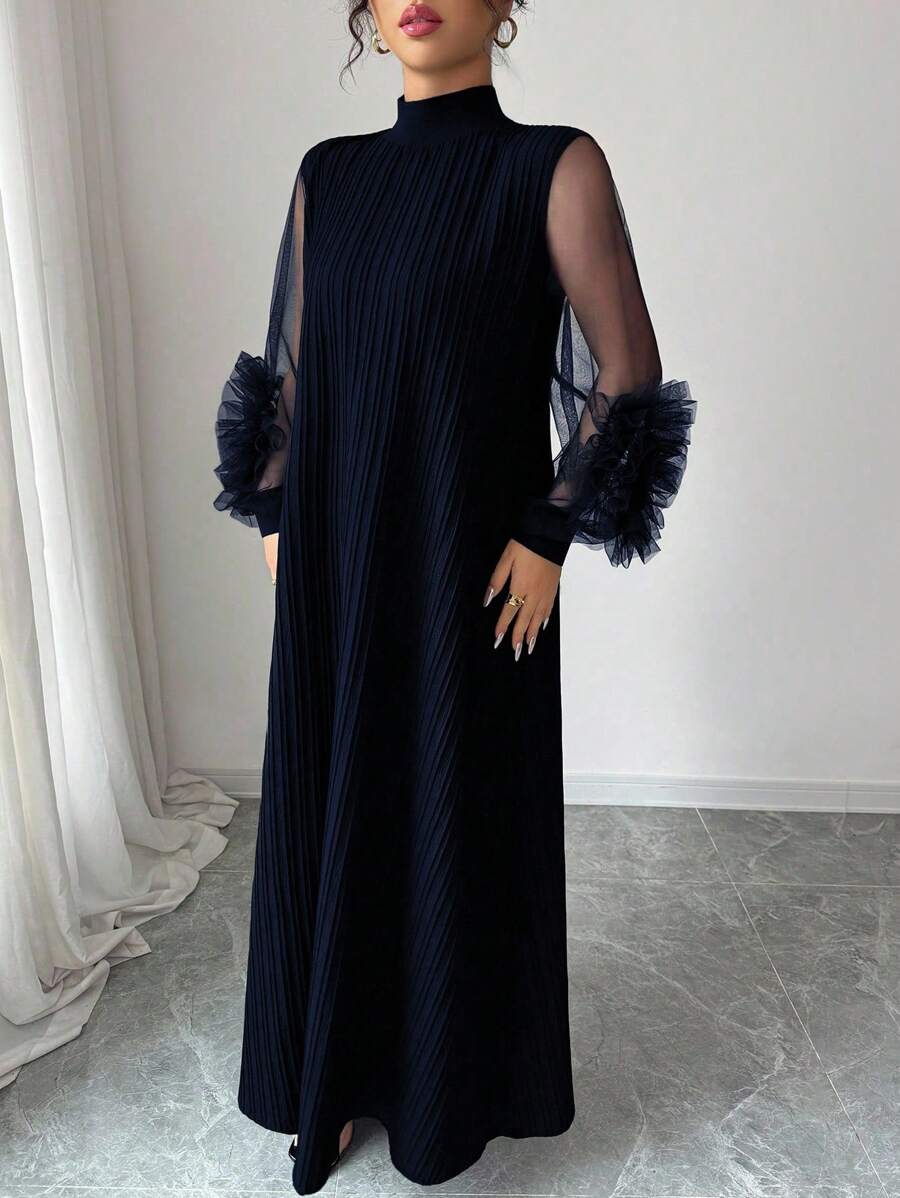 SHEIN Modelyn فستان بلون أزرق بحري مخملي بياقة عالية وأكمام فانوس