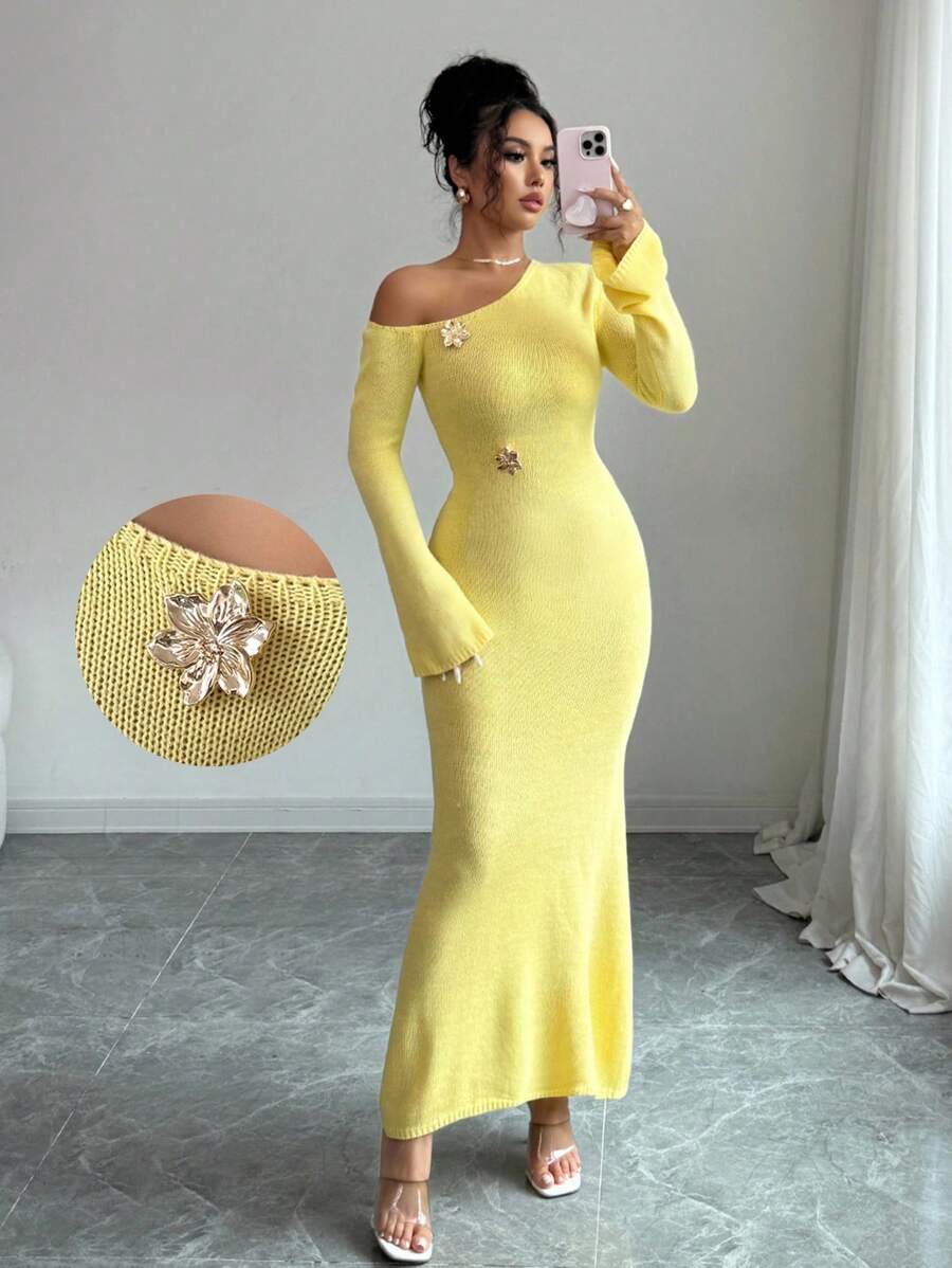 SHEIN Islaluna فستان ماكسي اصفر ضيق بأكمام واسعة