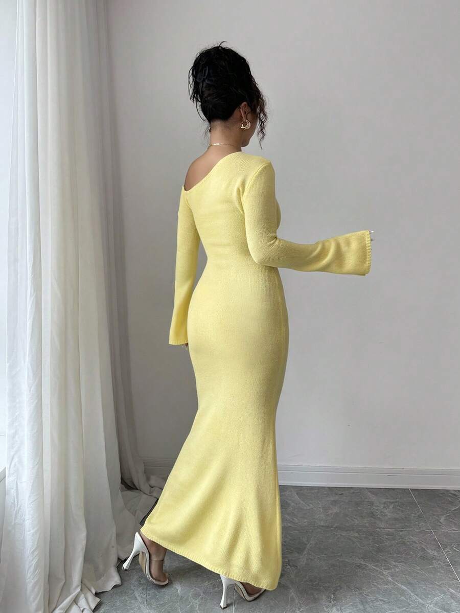 SHEIN Islaluna فستان ماكسي اصفر ضيق بأكمام واسعة