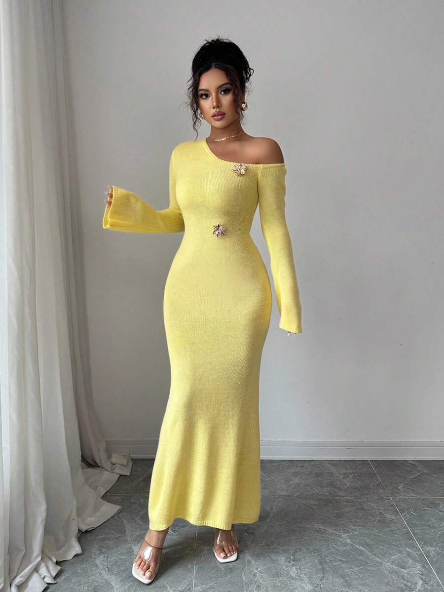 SHEIN Islaluna فستان ماكسي اصفر ضيق بأكمام واسعة