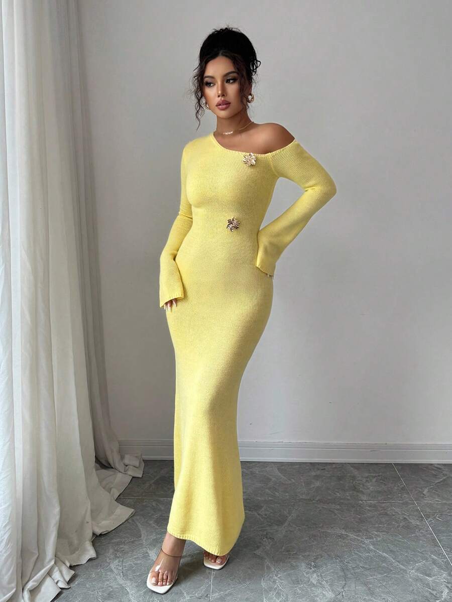 SHEIN Islaluna فستان ماكسي اصفر ضيق بأكمام واسعة
