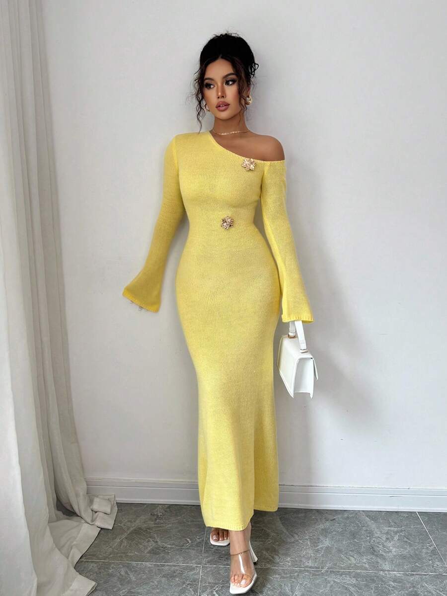 SHEIN Islaluna فستان ماكسي اصفر ضيق بأكمام واسعة