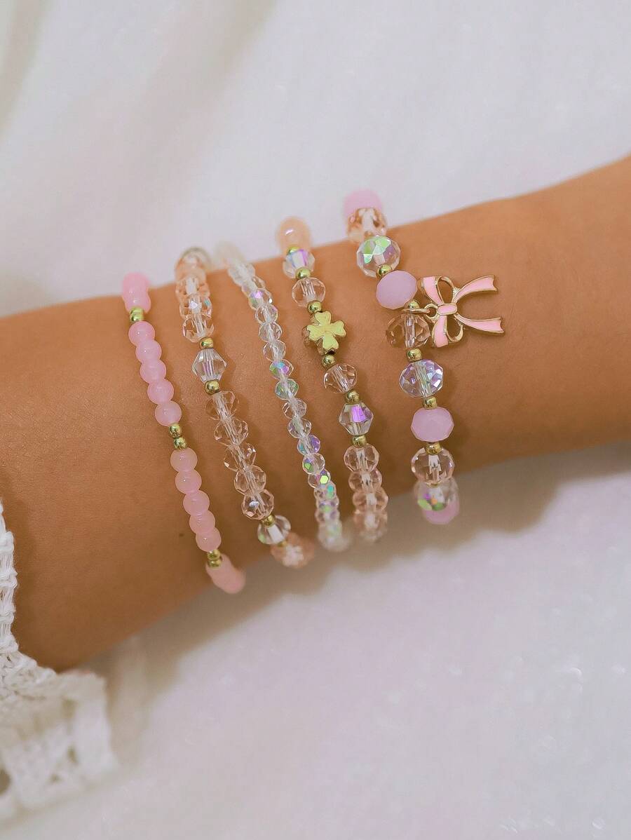 SHEIN مجموعة 5 أساور خرز زجاجي بشكل قلب وفيونكة وردي
