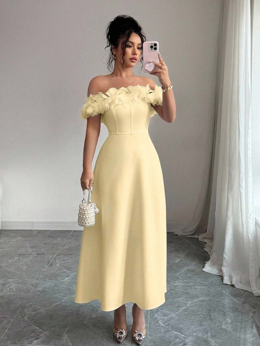 SHEIN Elenzga فستان كتف مكشوف باللون الأصفر الكريمي