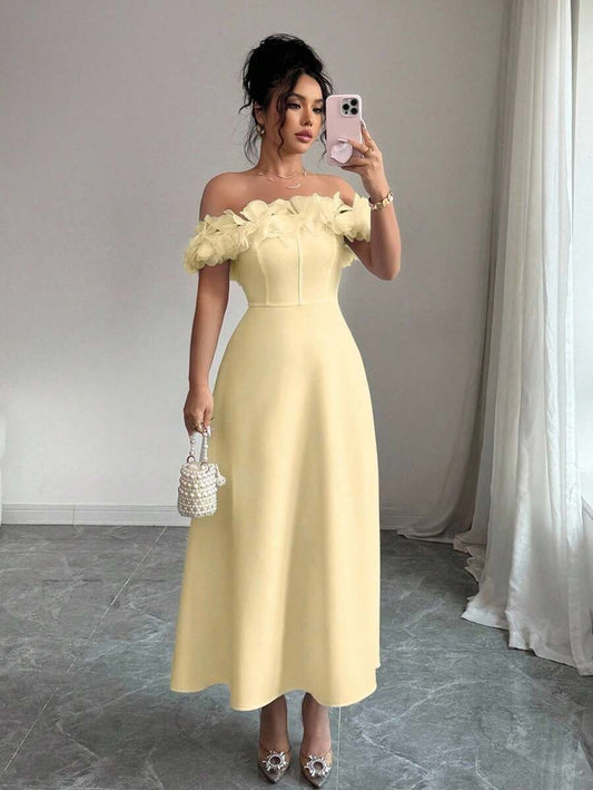 SHEIN Elenzga فستان كتف مكشوف باللون الأصفر الكريمي