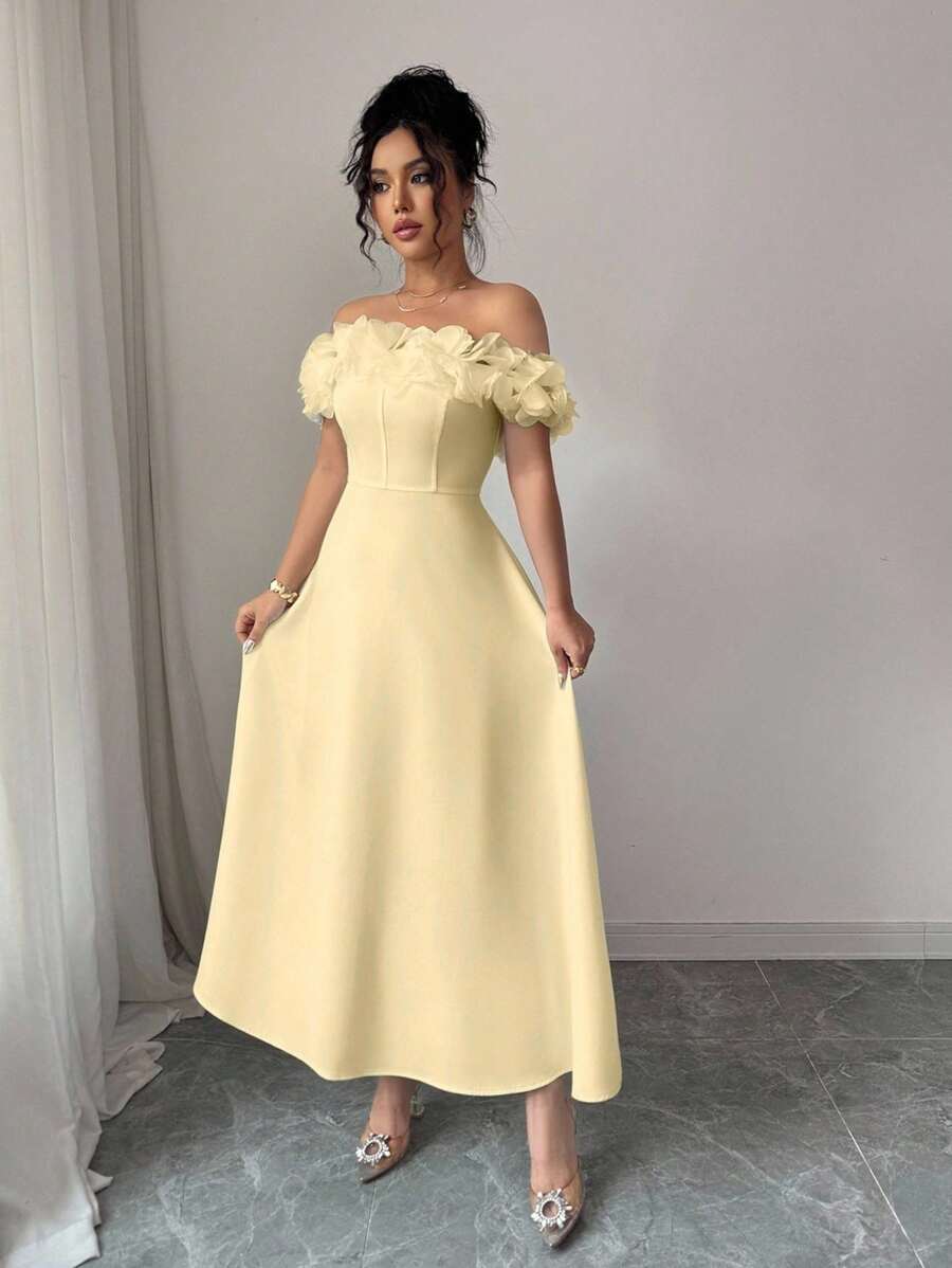 SHEIN Elenzga فستان كتف مكشوف باللون الأصفر الكريمي