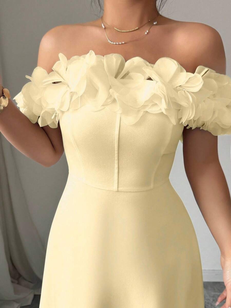 SHEIN Elenzga فستان كتف مكشوف باللون الأصفر الكريمي