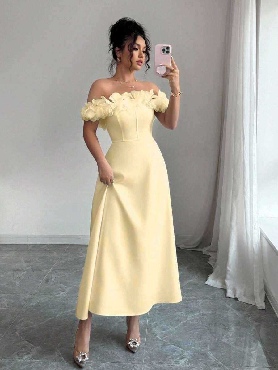 SHEIN Elenzga فستان كتف مكشوف باللون الأصفر الكريمي