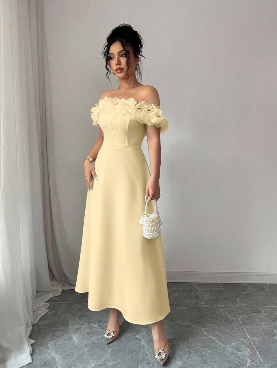 SHEIN Elenzga فستان كتف مكشوف باللون الأصفر الكريمي