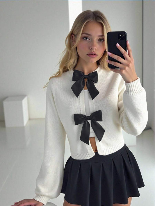 SHEIN Sparklyn كارديجان صوفي محبوك للبنات مع فيونكات سوداء
