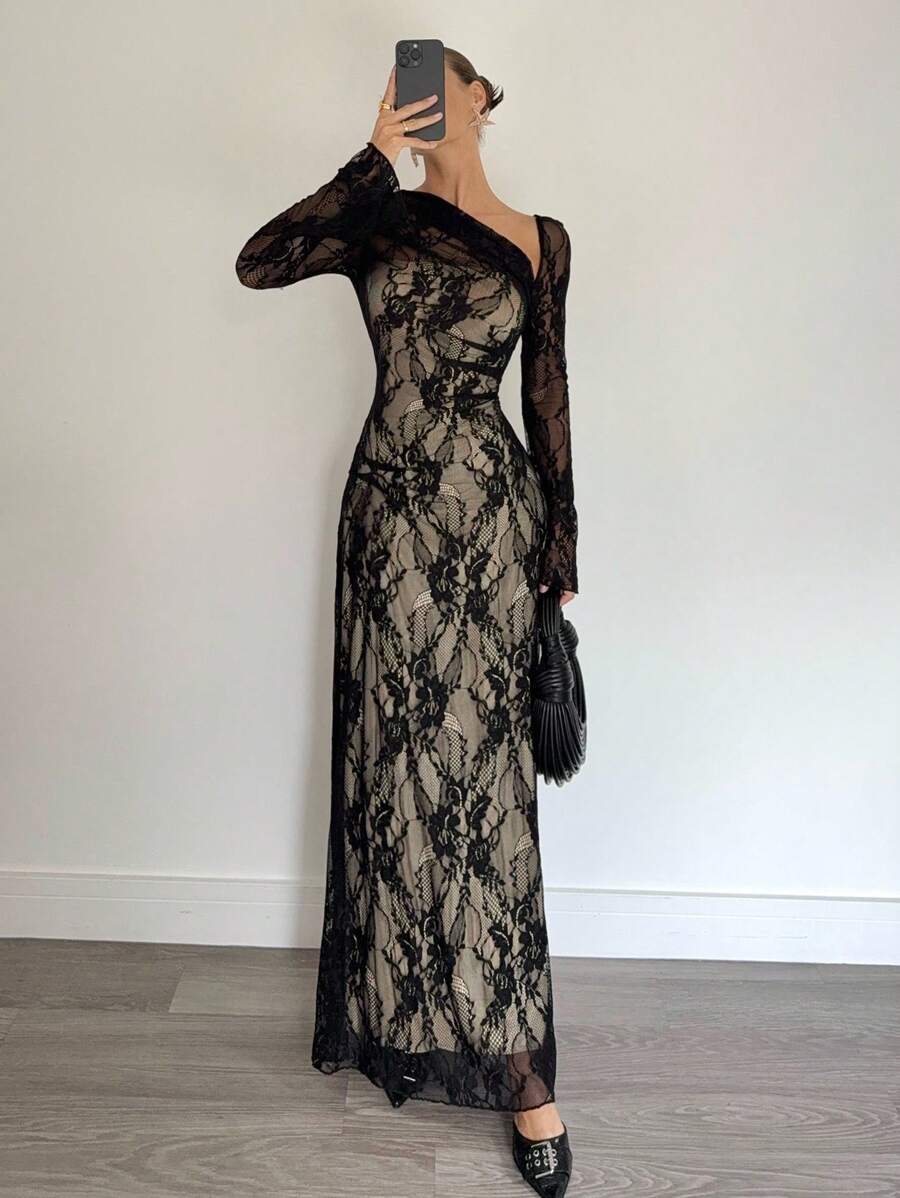 SHEIN Siren Gaze فستان أسود ضيق غير متماثل كتف عاري