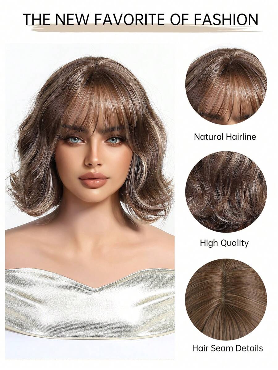 SHEIN شعر مستعار بني قصير مموج 12 بوصة مقاوم للحرارة