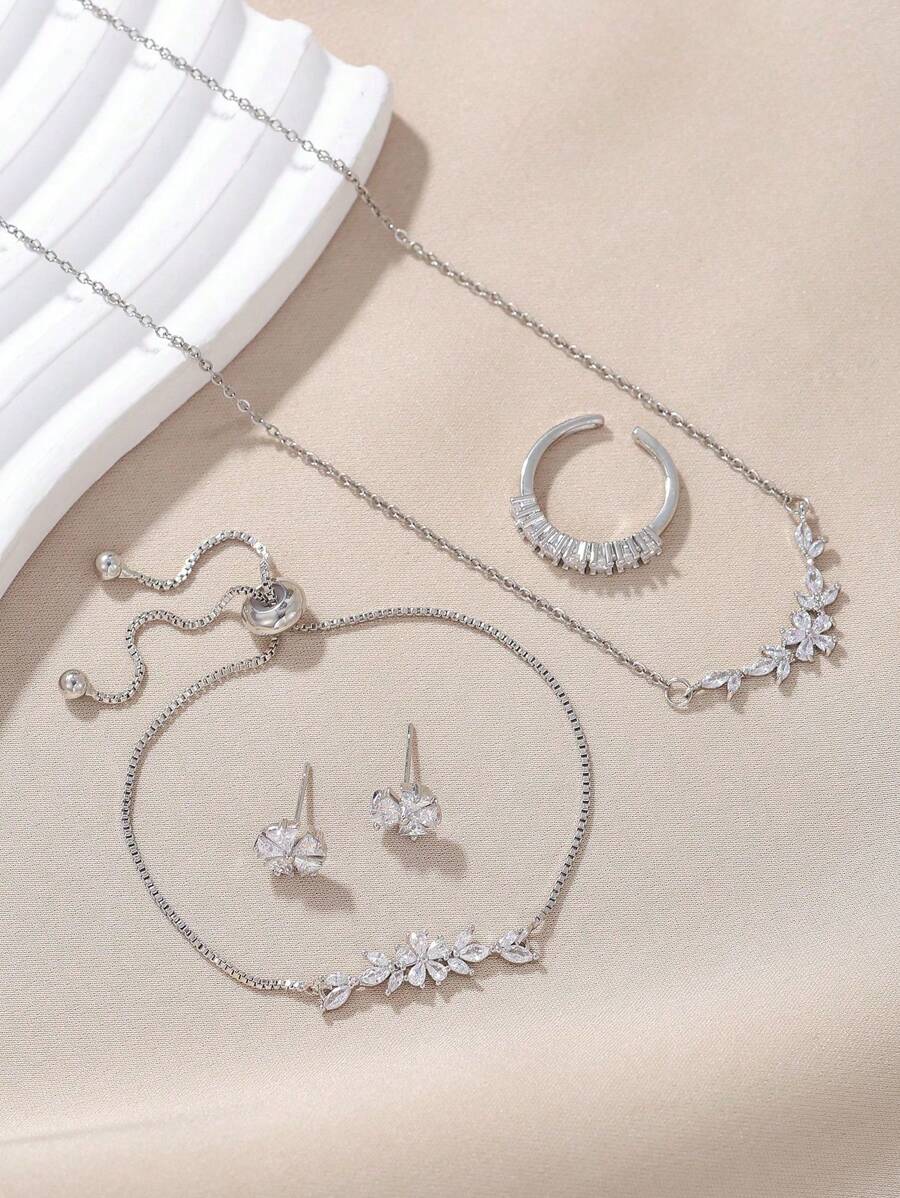 SHEIN مجموعة 5 قطع مجوهرات عقد وسوار وأقراط وخاتم مزين بزركونيا