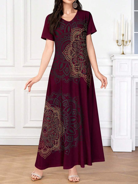 SHEIN Lacomfia فستان أنيق وعصري بأكمام قصيرة مطبوع بتصميم فني